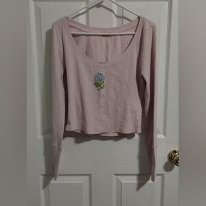 Free People  | Lavender Long Sleeve Crop Top with Floral Embroidery | NWOT